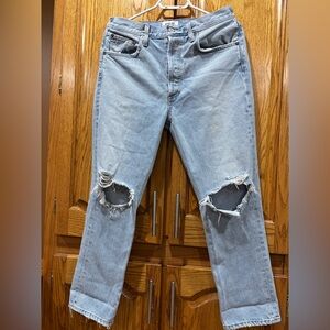 Agolde Light Blue Straight Jeans with Knee Rips
